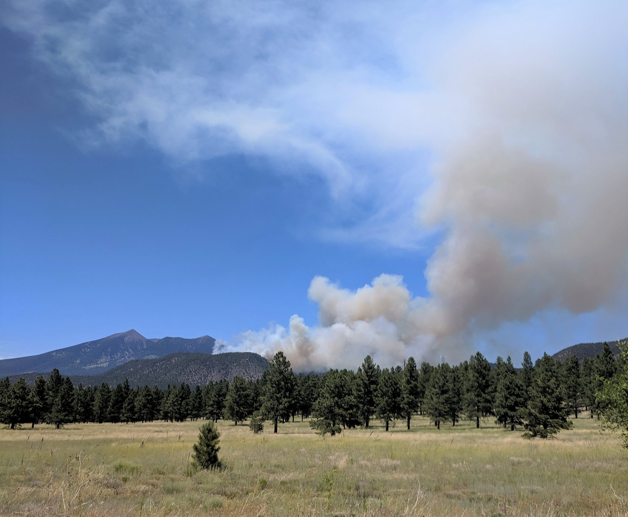 A smoke plume coming up on the east side of a peak.