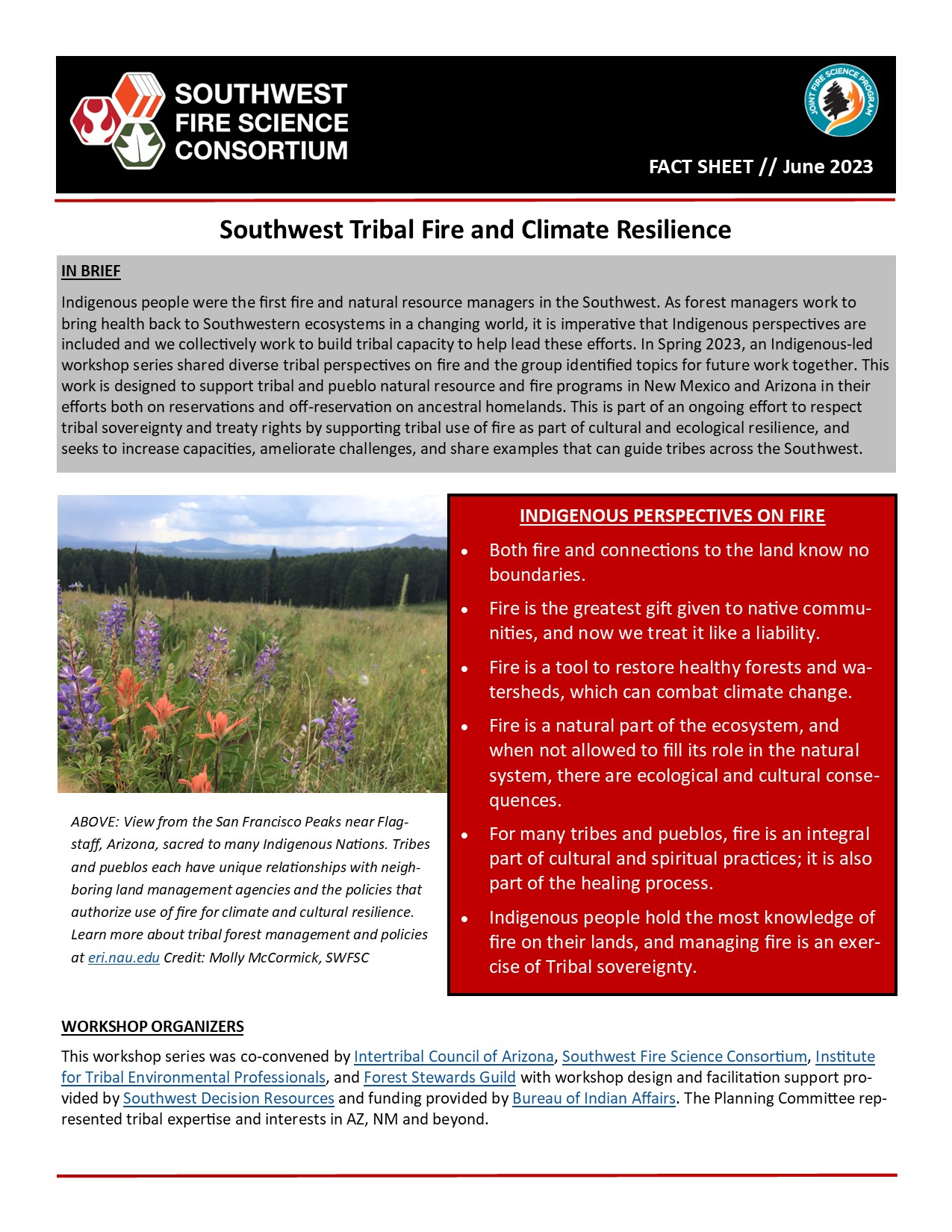 IN BRIEF Indigenous people were the first fire and natural resource managers in the Southwest As forest managers work to bring health back to Southwestern ecosystems in a changing world it is imperative that Indigenous perspectives are included and we collectively work to build tribal capacity to help lead these efforts In Spring 2023 an Indigenous-led workshop series shared diverse tribal perspectives on fire and the group identified topics for future work together This work is designed to support tribal and pueblo natural resource and fire programs in New Mexico and Arizona in their efforts both on reservations and off-reservation on ancestral homelands This is part of an ongoing effort to respect tribal sovereignty and treaty rights by supporting tribal use of fire as part of cultural and ecological resilience and seeks to increase capacities ameliorate challenges and share examples that can guide tribes across the Southwest