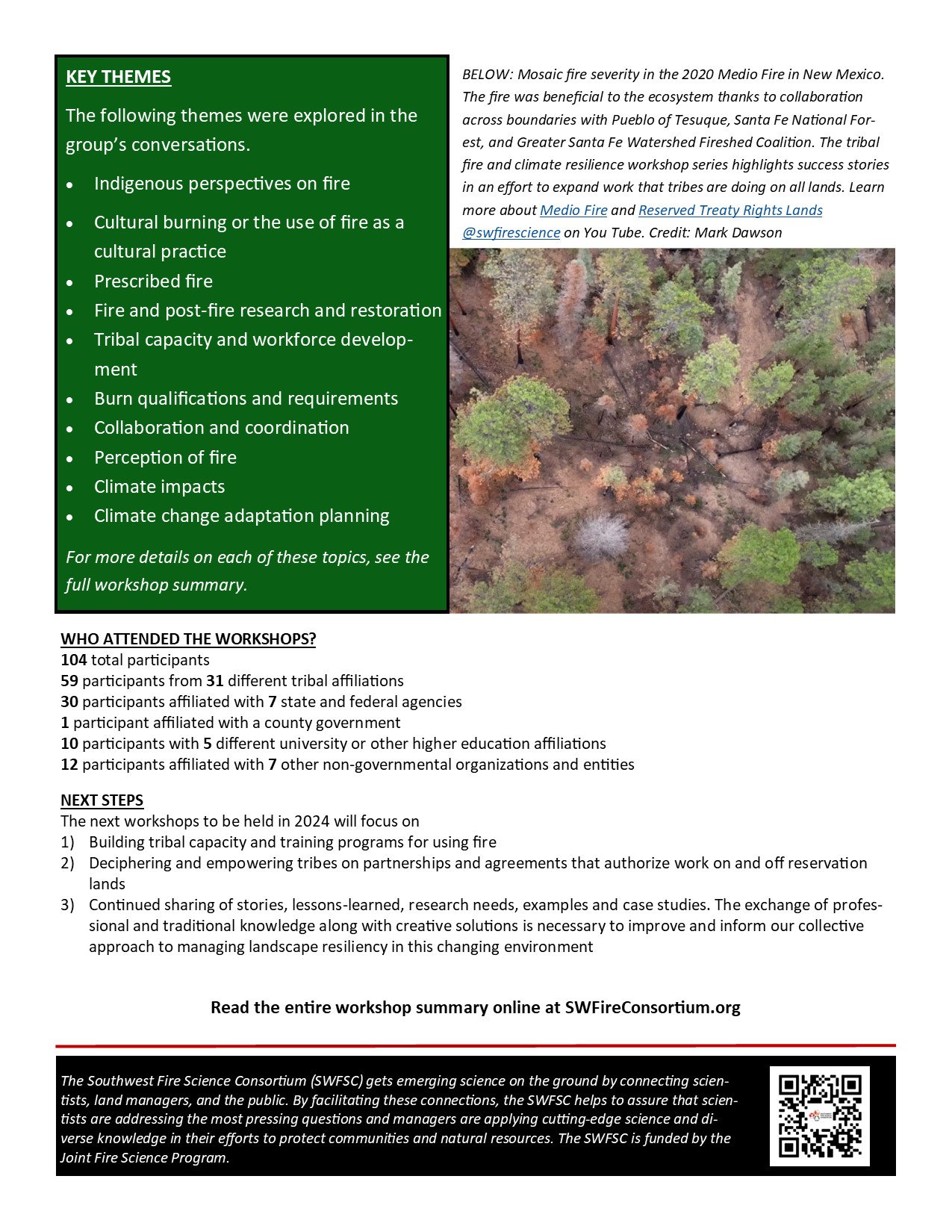 KEY THEMESThe following themes were explored in the groups conversations Indigenous perspectives on fire Cultural burning or the use of fire as a         cultural practicePrescribed fireFire and post-fire research and restorationTribal capacity and workforce developmentBurn qualifications and requirementsCollaboration and coordinationPerception of fire Climate impacts Climate change adaptation planning For more details on each of these topics see the full workshop summary