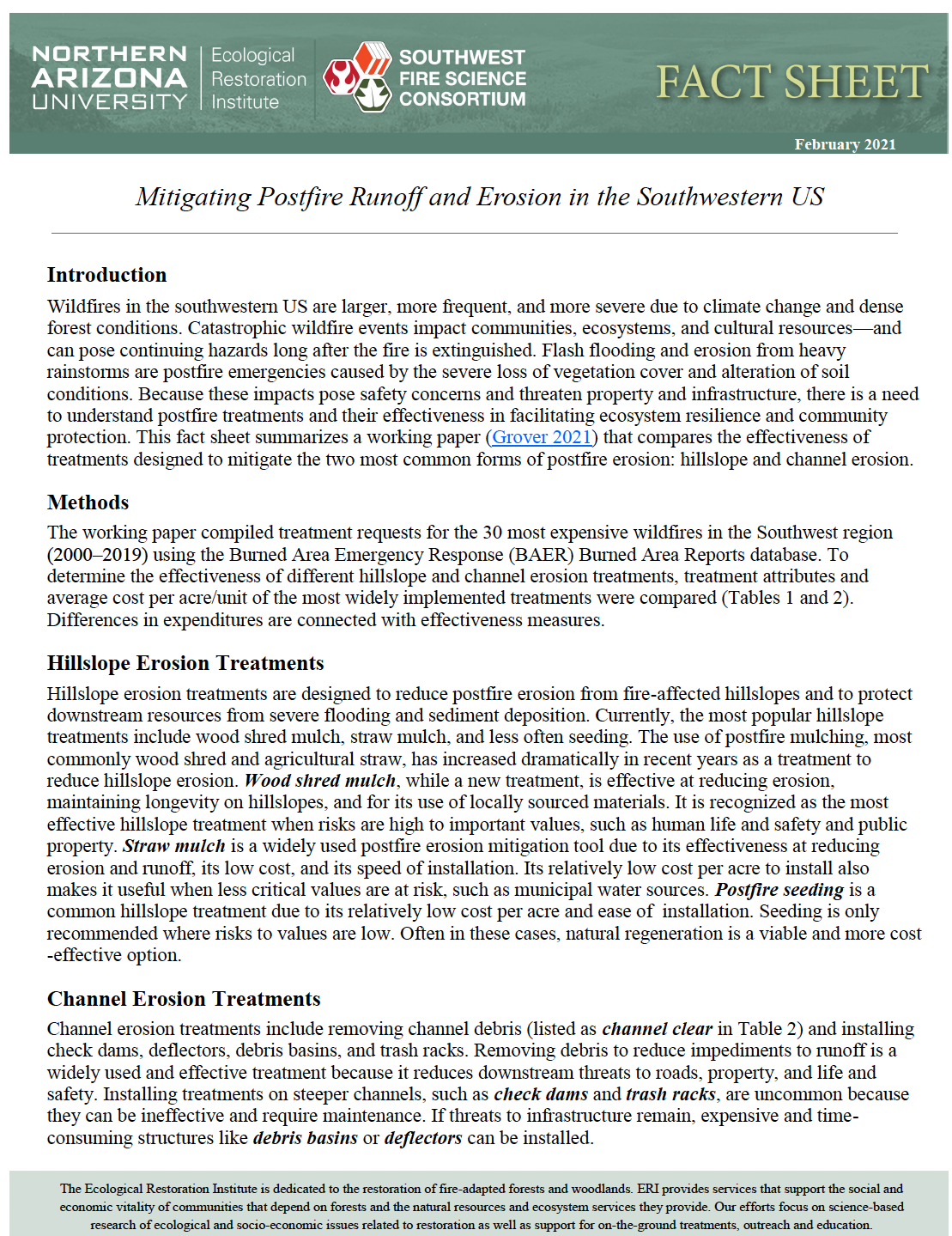 Page 1 of linked "Mitigating Postfire Runoff and Erosion in the Southwestern US" Fact Sheet