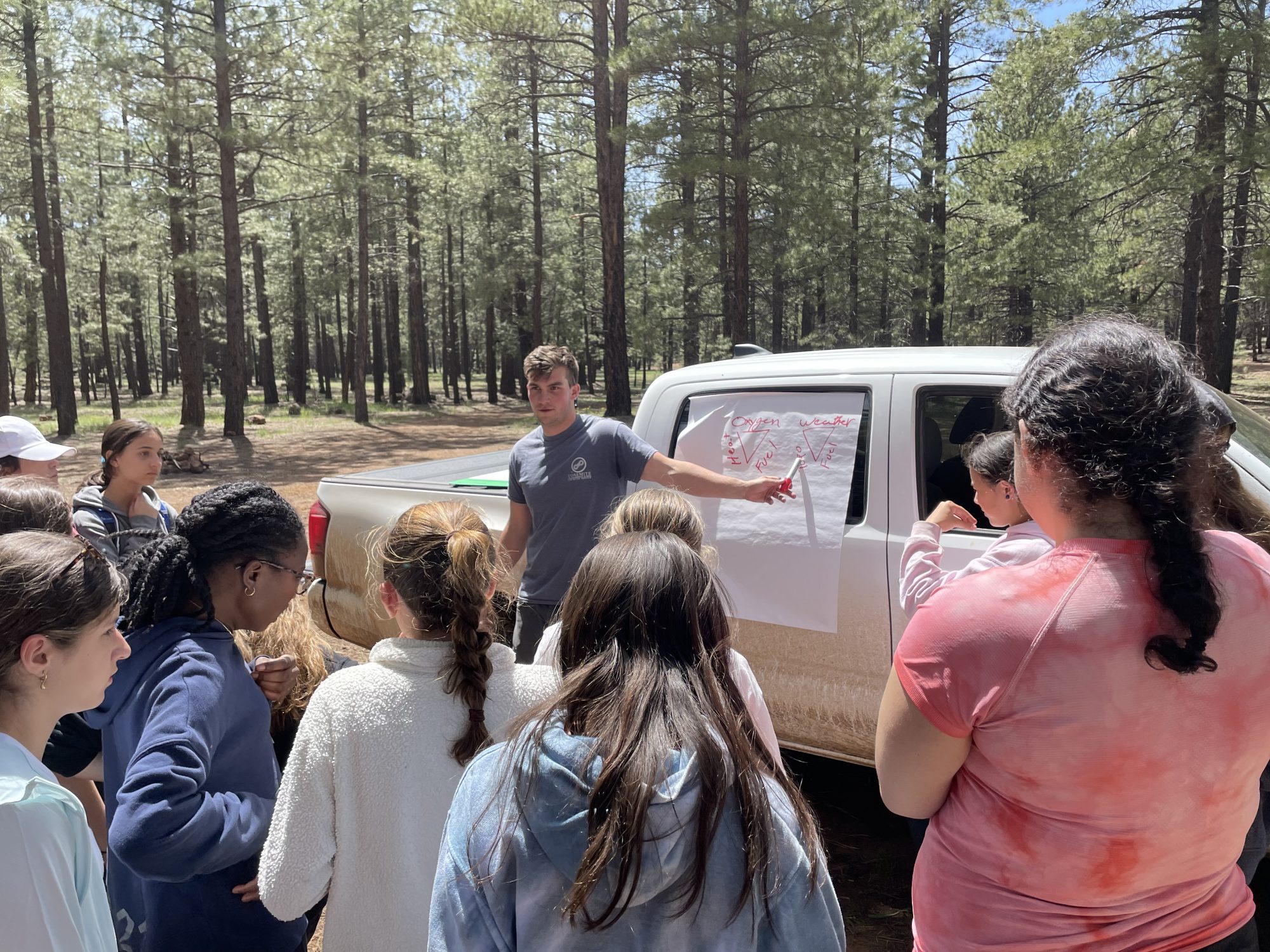 A group of children stand by a truck showing a map. A male teacher is pointing at the map.